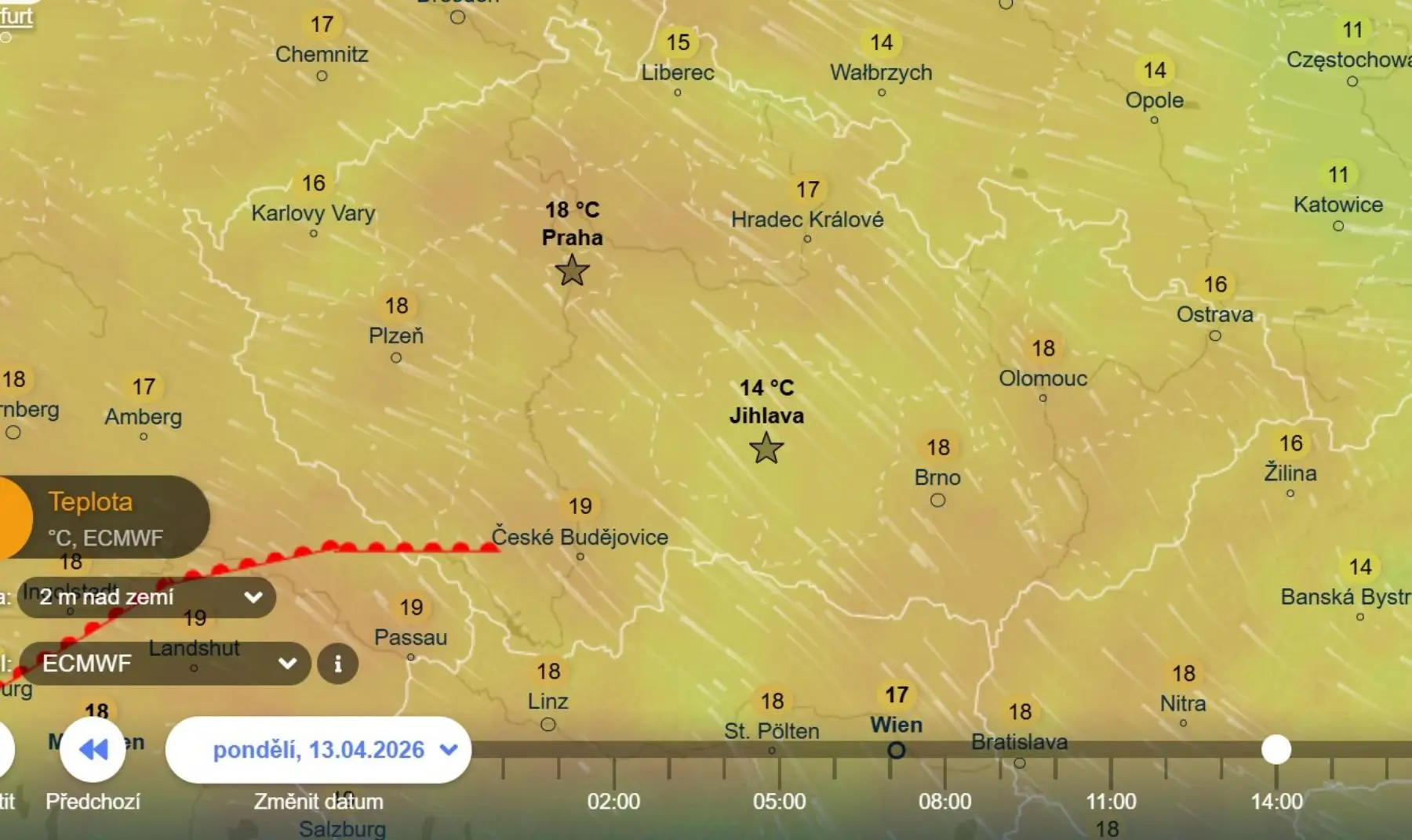 Teploty a proudění vzduchu v pondělí odpoledne | TVGURU.cz Teploty a proudění vzduchu v pondělí odpoledne