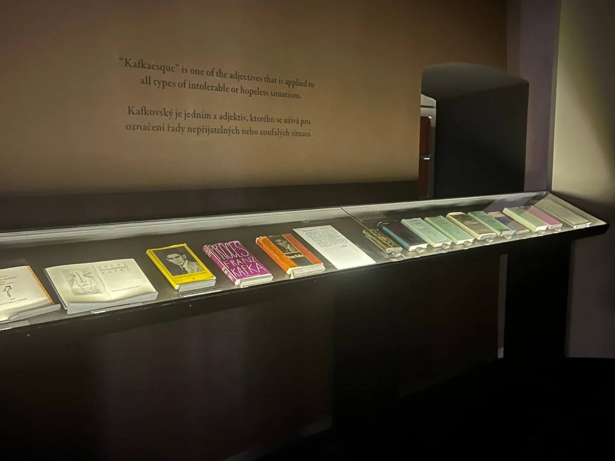 Za sklem leží knihy o Kafkovi. 