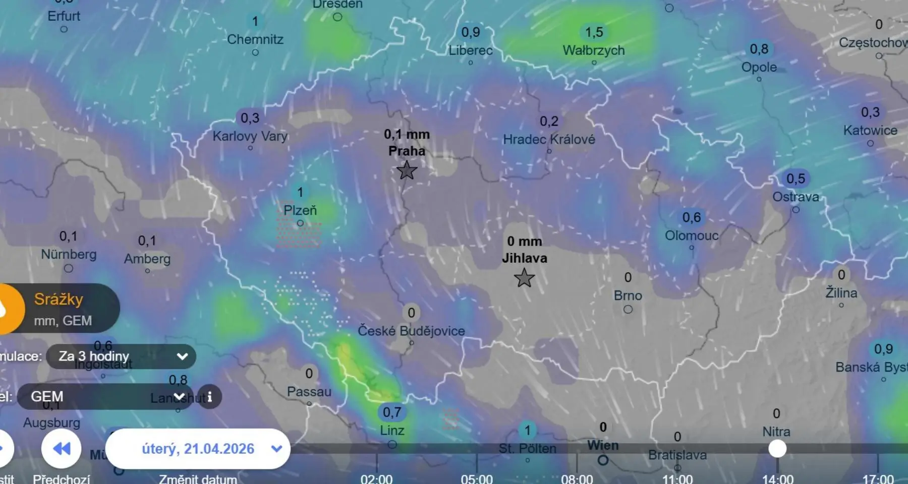 Tento model naznačuje ve stejný den na jihozápadě bouřky