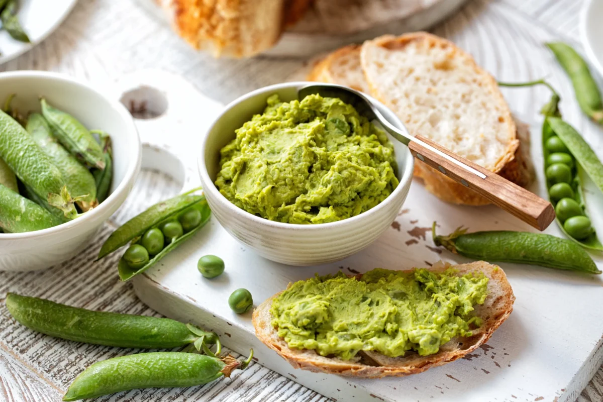 Hrášková pomazánka vedle bagety