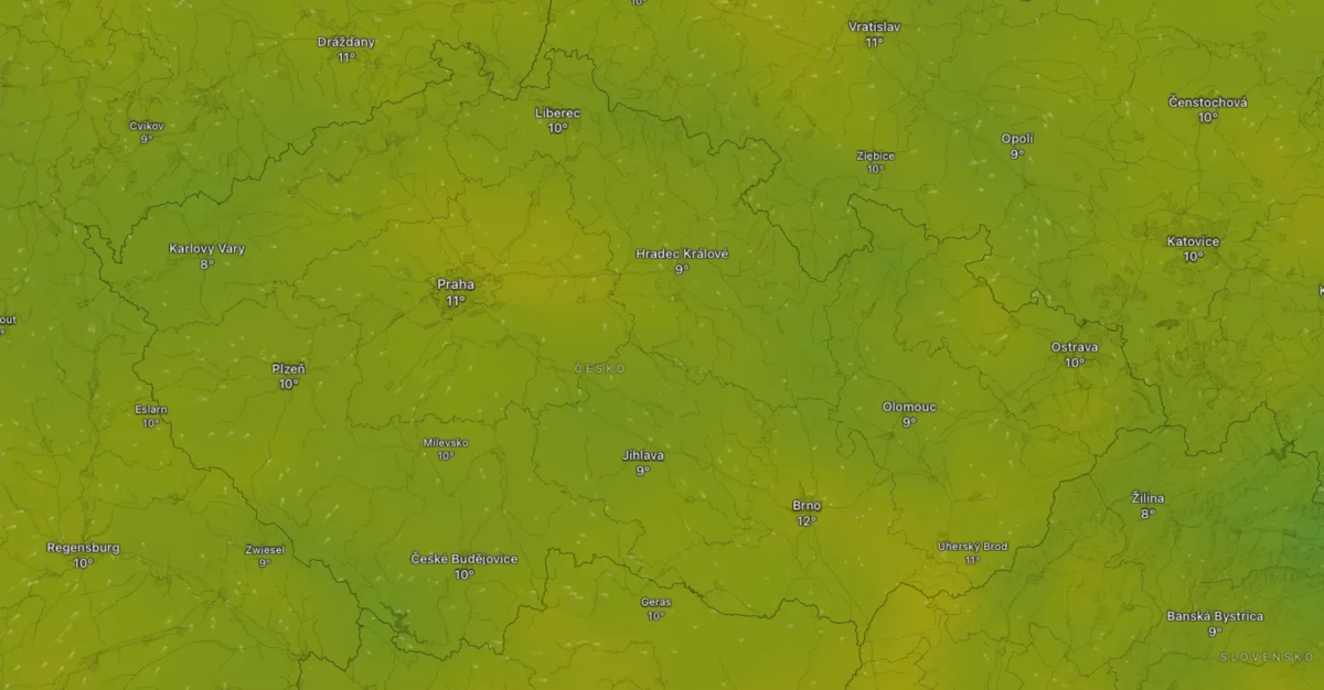 Mapa s předpovědí počasí na neděli 