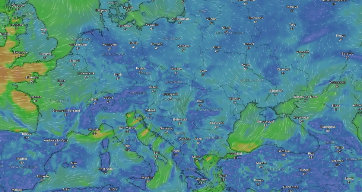 Mapa zobrazující počasí během středečního rána