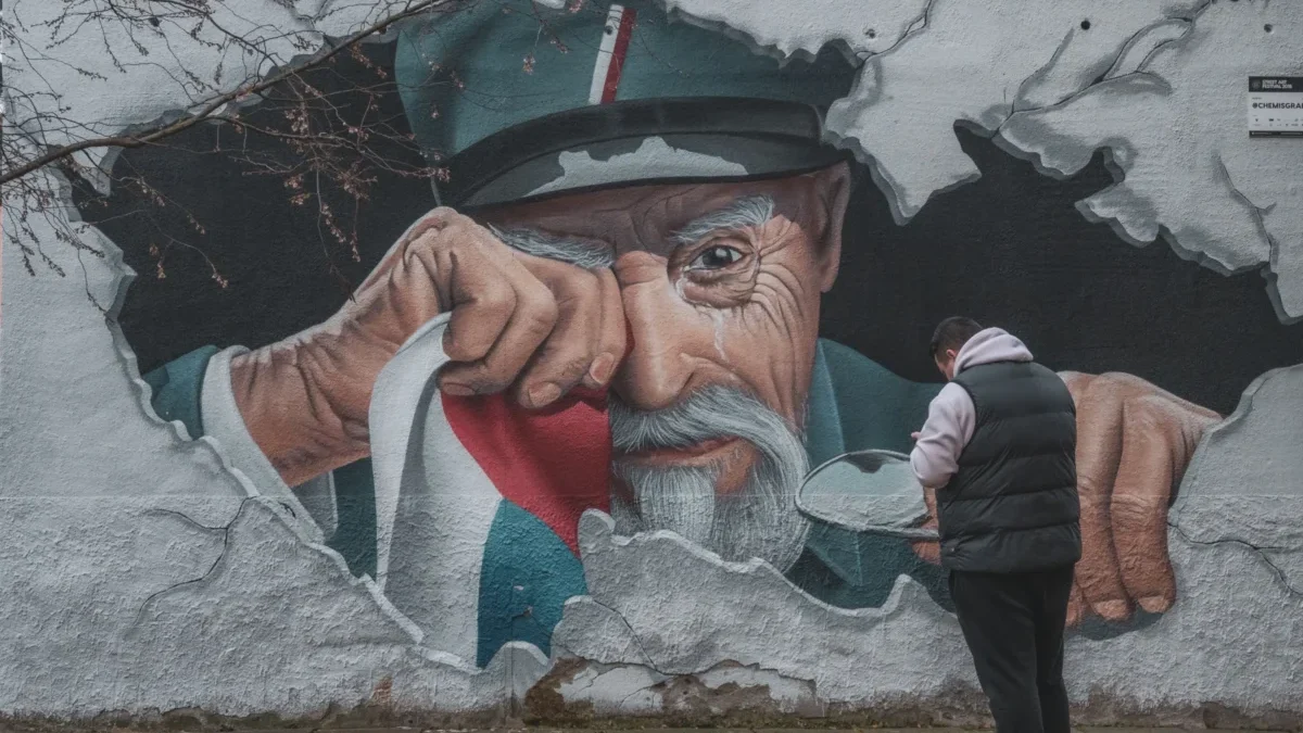 Na zdi je namalovaný Tomáš Garrigue Masaryk.