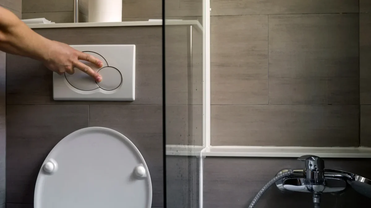 Člověk splachuje toaletu.