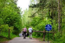 Lidé se venku procházejí.