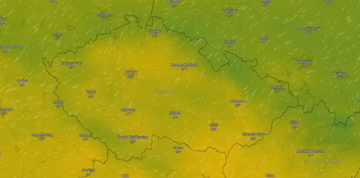 Mapa počasí na úterý