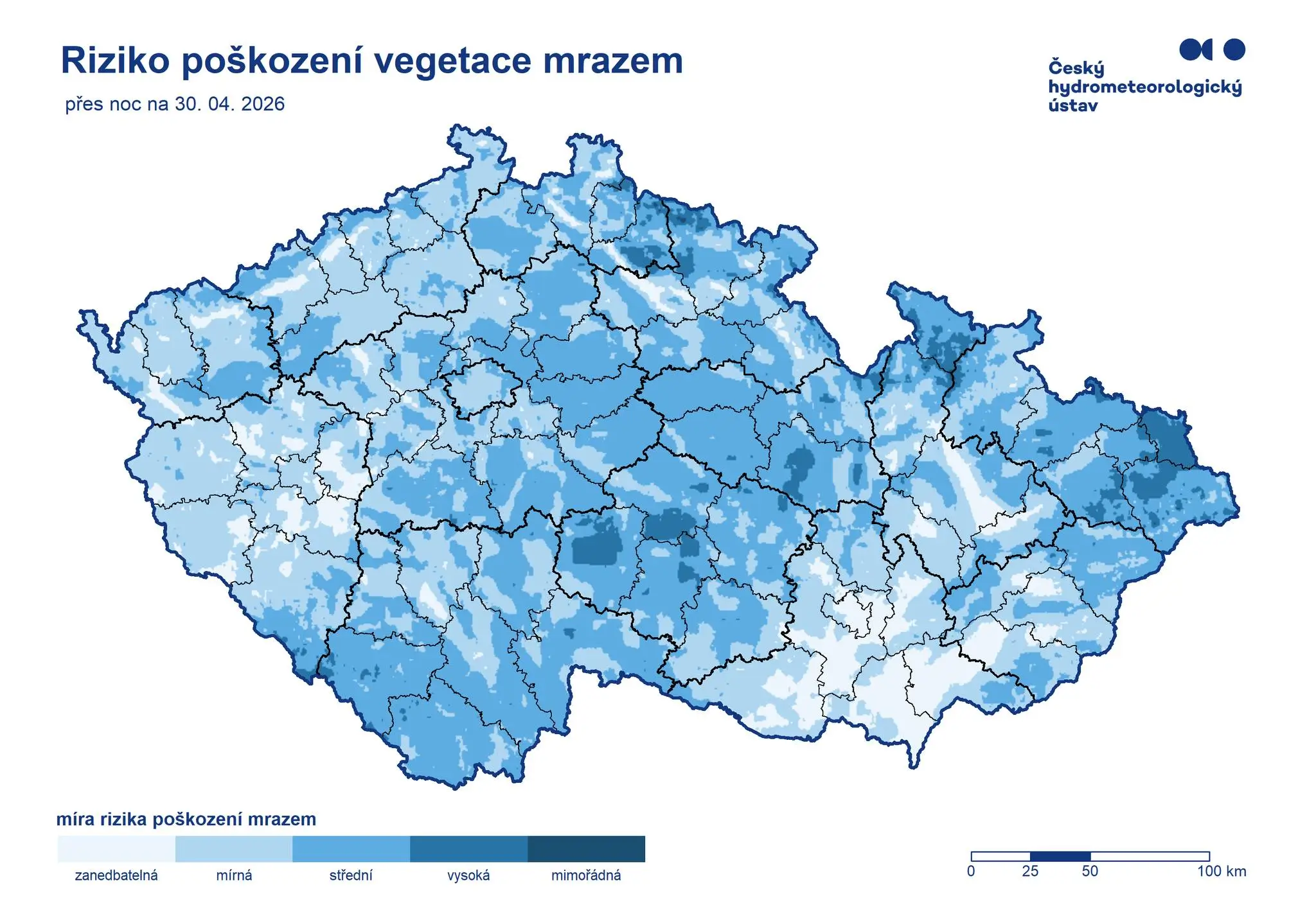 Míra rizika poškození vegetace mrazem na čarodějnice