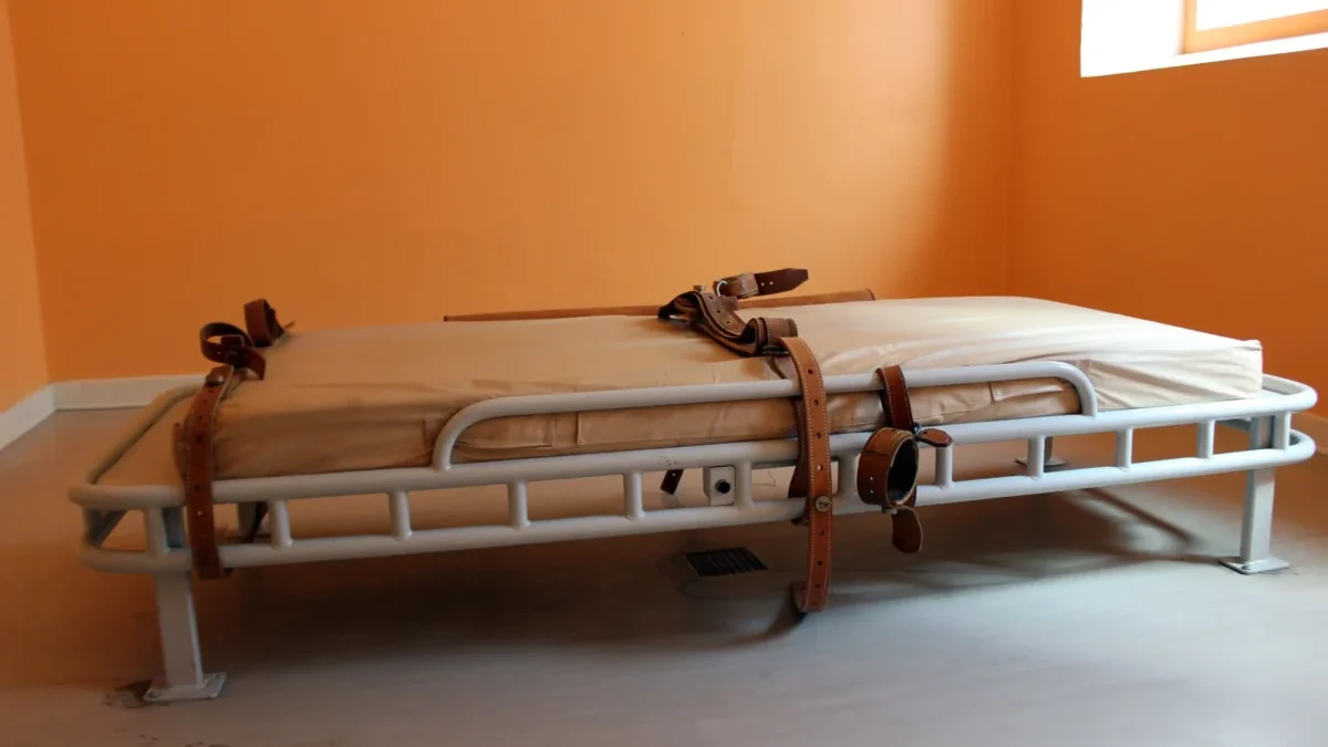 A hospital gurney with a beige mattress and brown straps sits in an empty orange-walled room by a window.