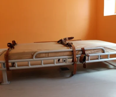 A hospital gurney with a beige mattress and brown straps sits in an empty orange-walled room by a window.