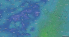 Color-coded temperature map of Central Europe focusing on the Czech Republic, showing city temps in °C; blues indicate cooler areas, greens warmer regions like the east.
