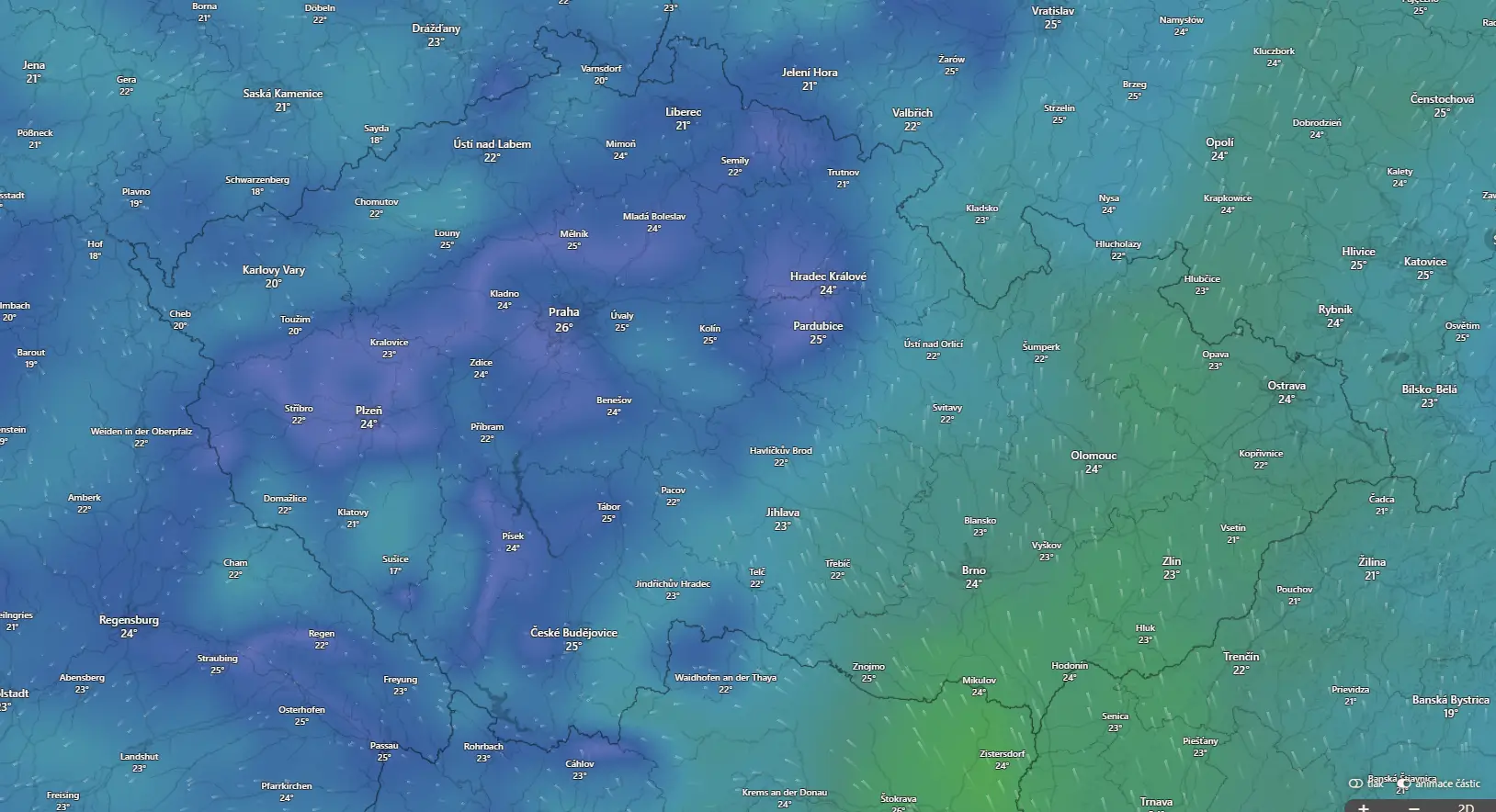 Color-coded temperature map of Central Europe focusing on the Czech Republic, showing city temps in °C; blues indicate cooler areas, greens warmer regions like the east.
