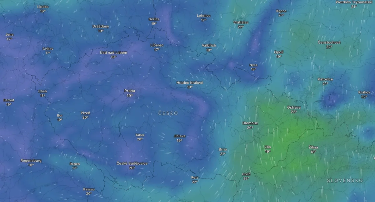 Mapa počasí na úterý
