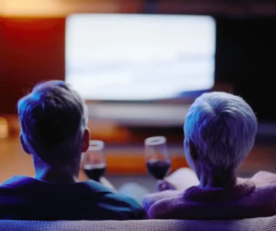 Two people with gray hair sit on a couch facing a bright screen in a dark room, wine glasses on the coffee table in front.