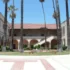 Sunny campus courtyard with tall palm trees, arched walkways, and a central fountain surrounded by benches.