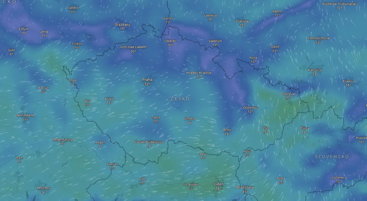Mapa počasí na čtvrtek