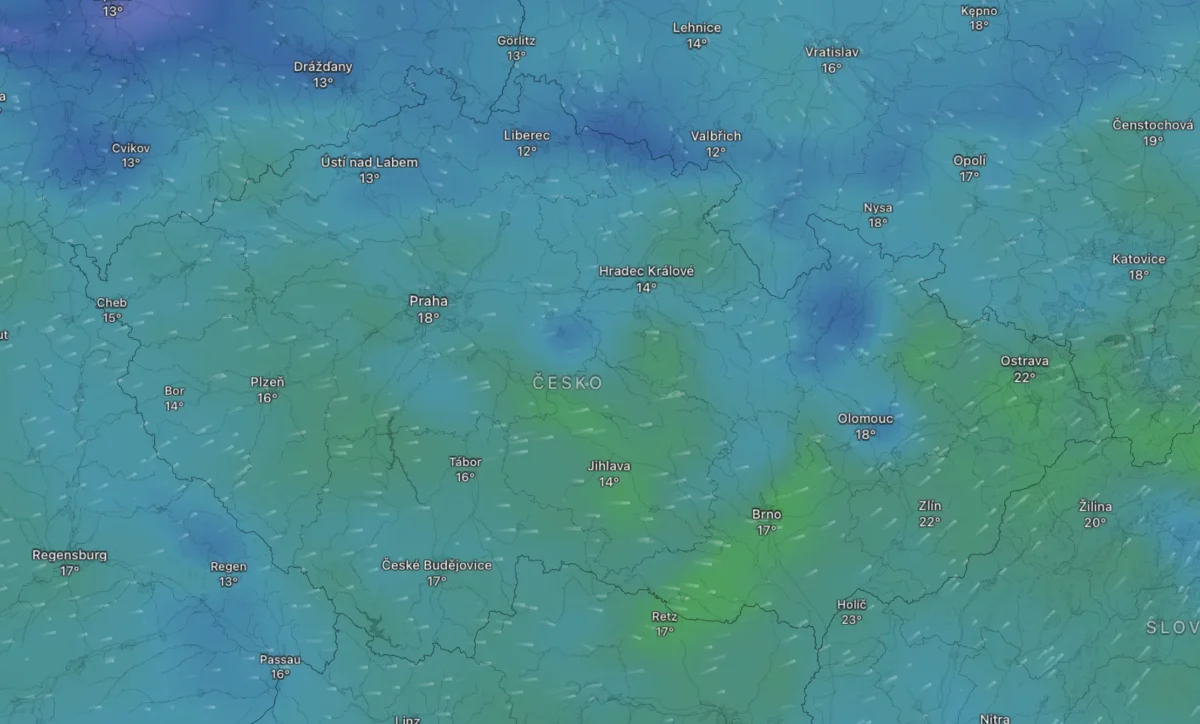Mapa zobrazující čtvrteční počasí