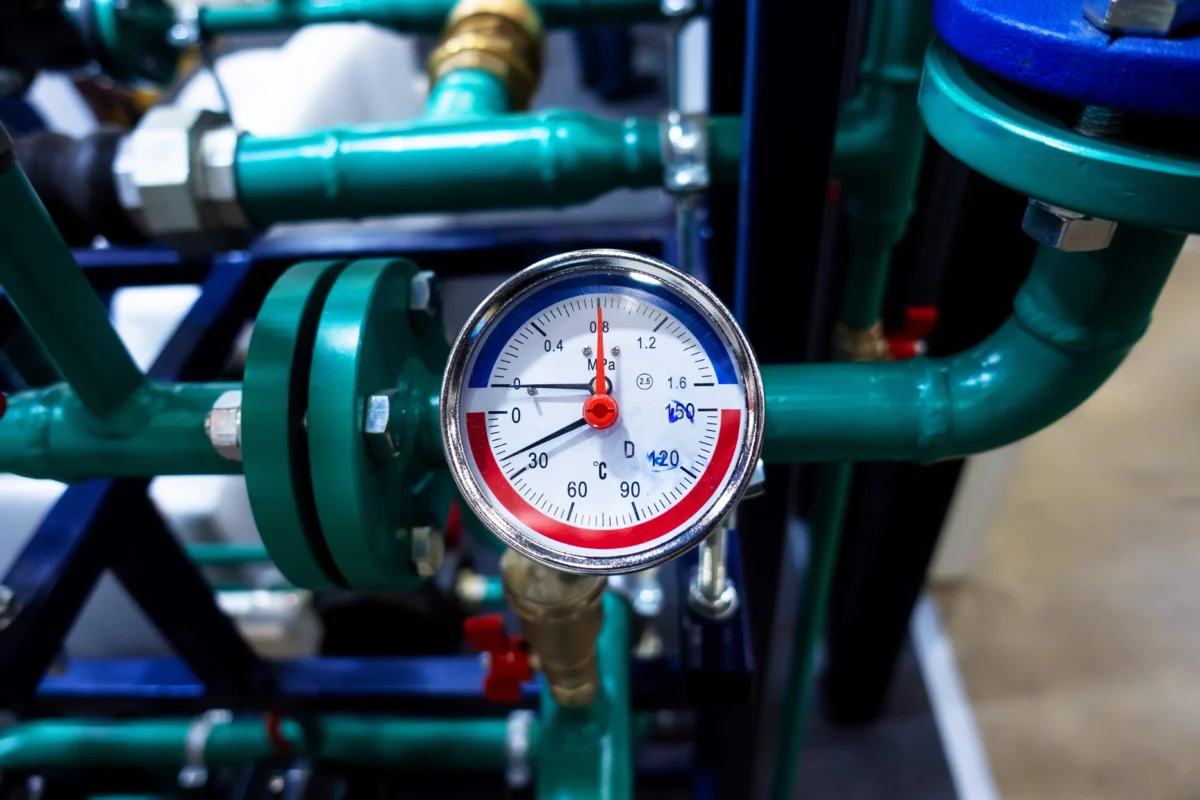 Close-up of an industrial pressure gauge on green piping, showing readings around 0–2 MPa on a metallic dial