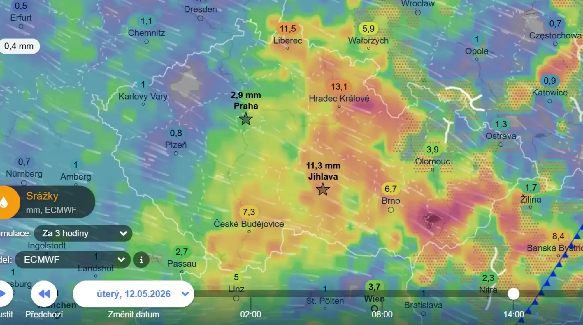 Color-coded weather radar of Central Europe showing rainfall amounts near cities; Prague 2.9 mm, Brno 6.7 mm; wind streaks across the map.