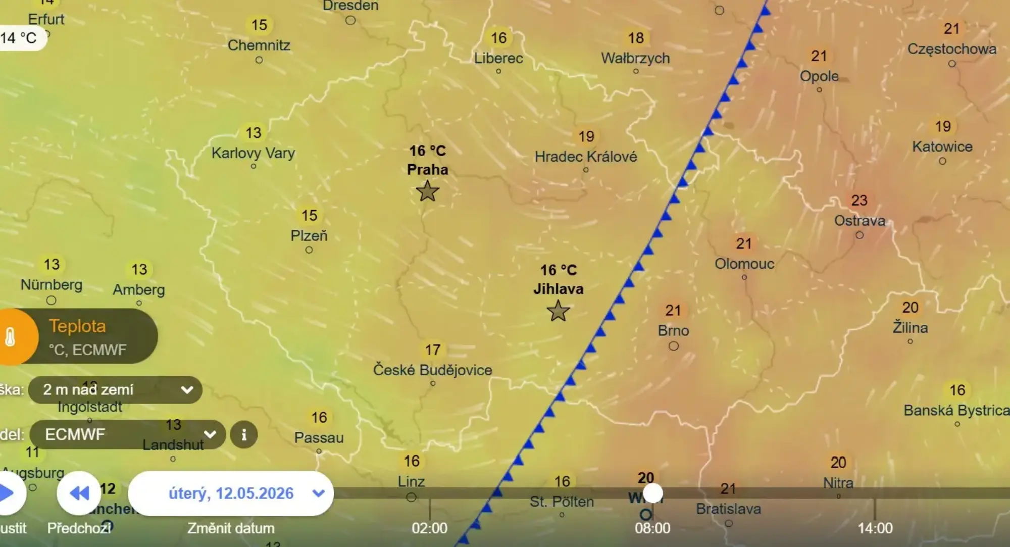 Weather map of central Europe showing temperatures around 16°C near Prague and Jihlava, with a blue cold-front line cutting diagonally across the region.