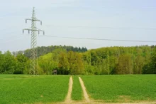 Metal electricity pylon standing in a green field with a dirt track leading toward a tree line in the distance.