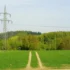 Metal electricity pylon standing in a green field with a dirt track leading toward a tree line in the distance.