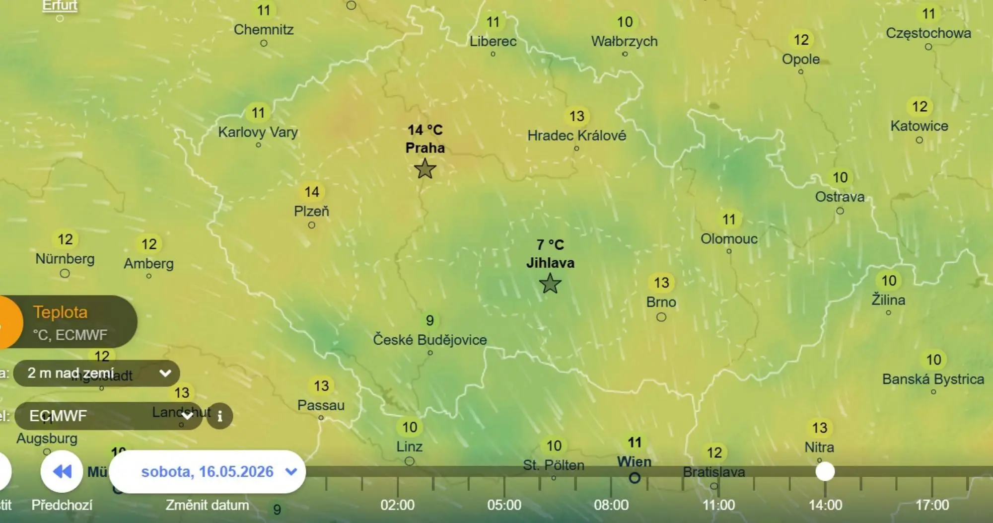 Sobotní maxima a severozápadní proudění vzduchu