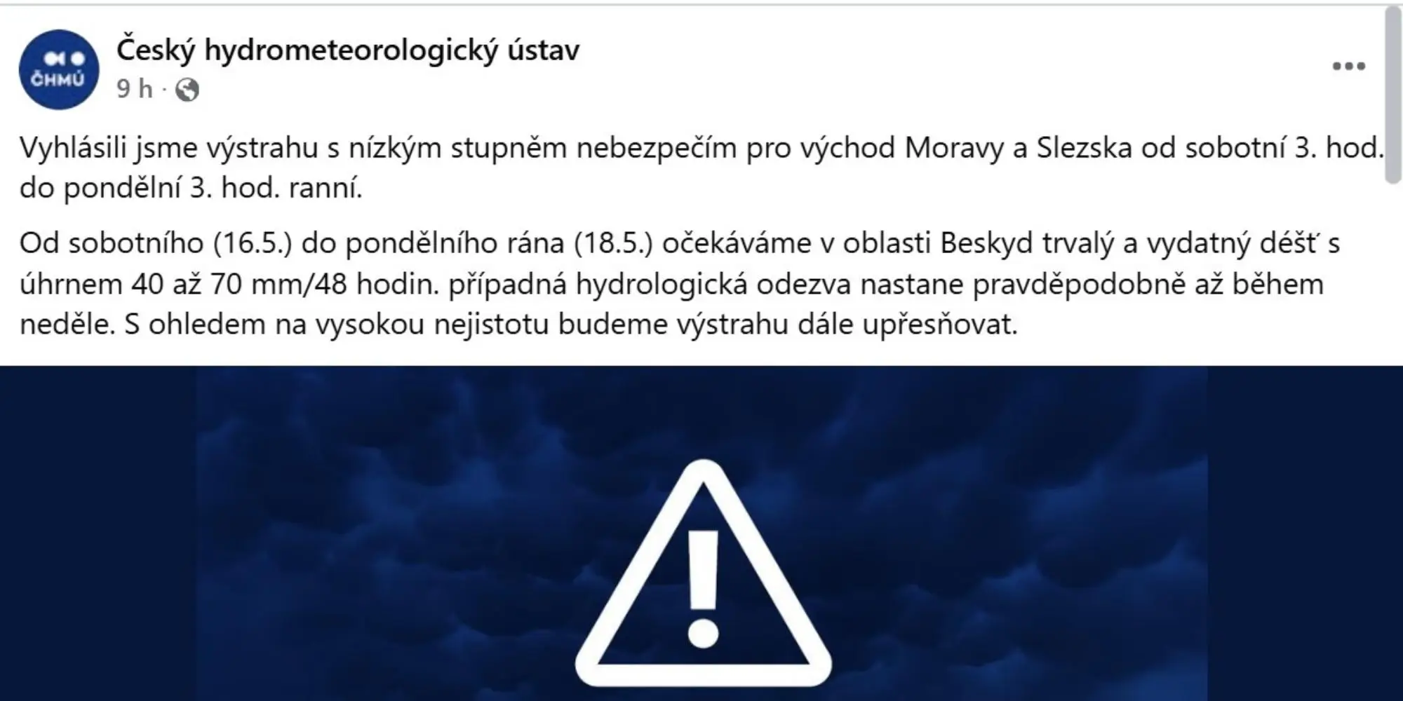Výstraha před vydatnými srážkami