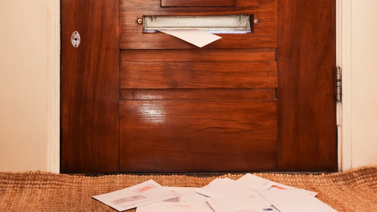 Wooden front door with a metal mail slot; a white envelope pokes out, papers scattered on the carpet in front of it.