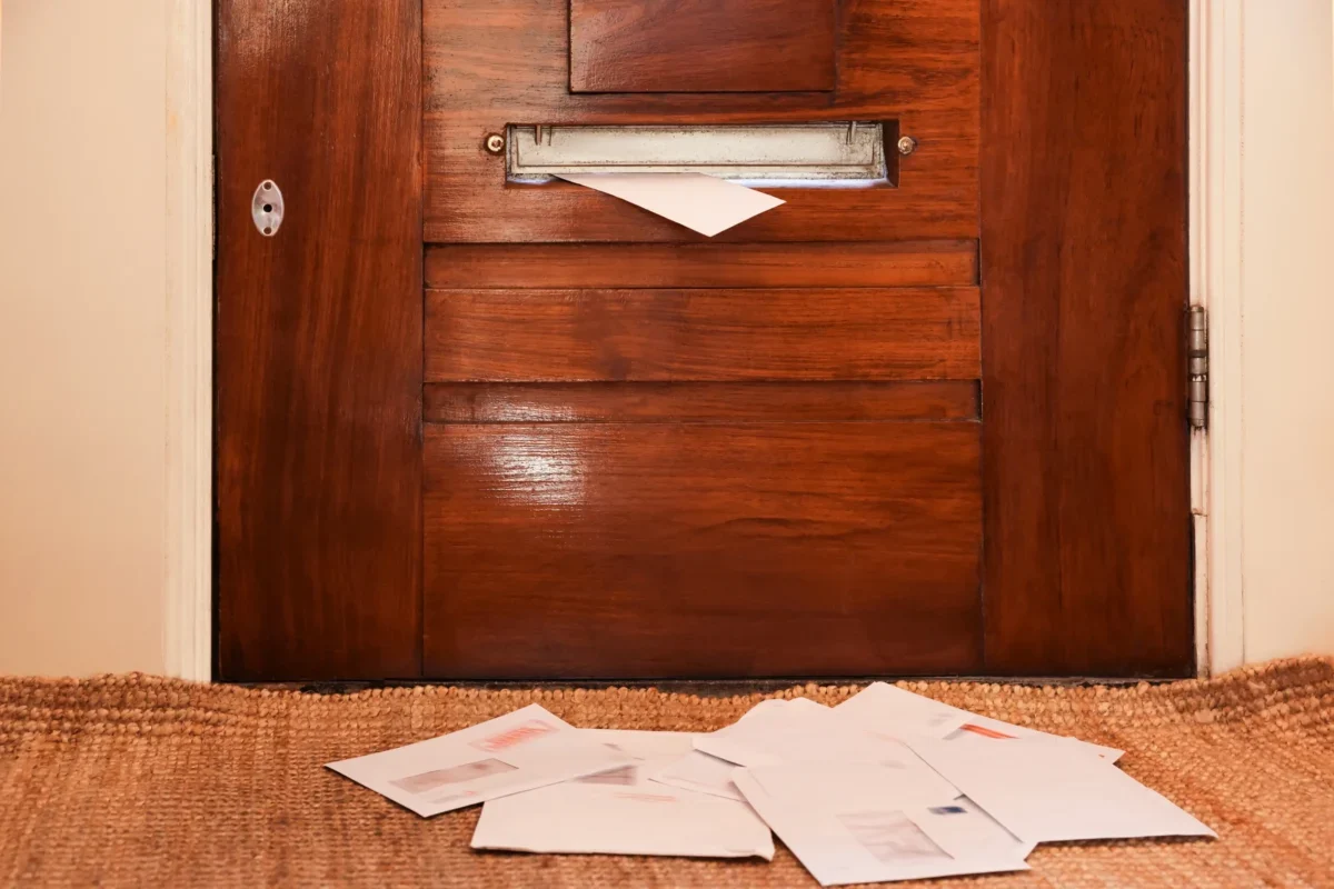 Wooden front door with a metal mail slot; a white envelope pokes out, papers scattered on the carpet in front of it.