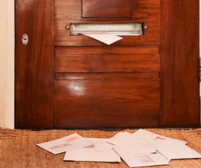 Wooden front door with a metal mail slot; a white envelope pokes out, papers scattered on the carpet in front of it.