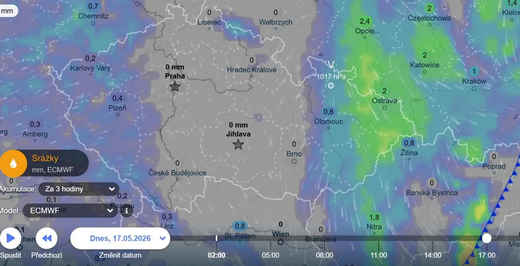 Dnešní srážky podle ECMWF