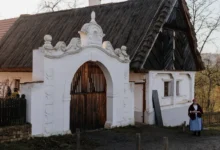 Selka stojí před chalupou.