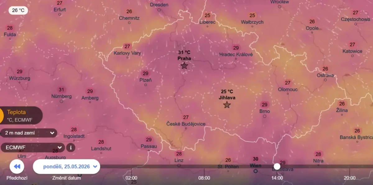 V pondělí teploty překročí třicítku | TVGURU.cz Teplotní mapa Česka a okolních zemí