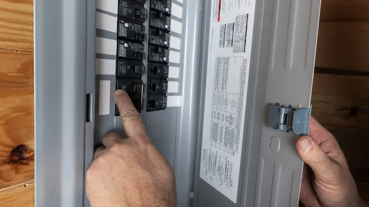 Muž kontroluje elektrické jističe.