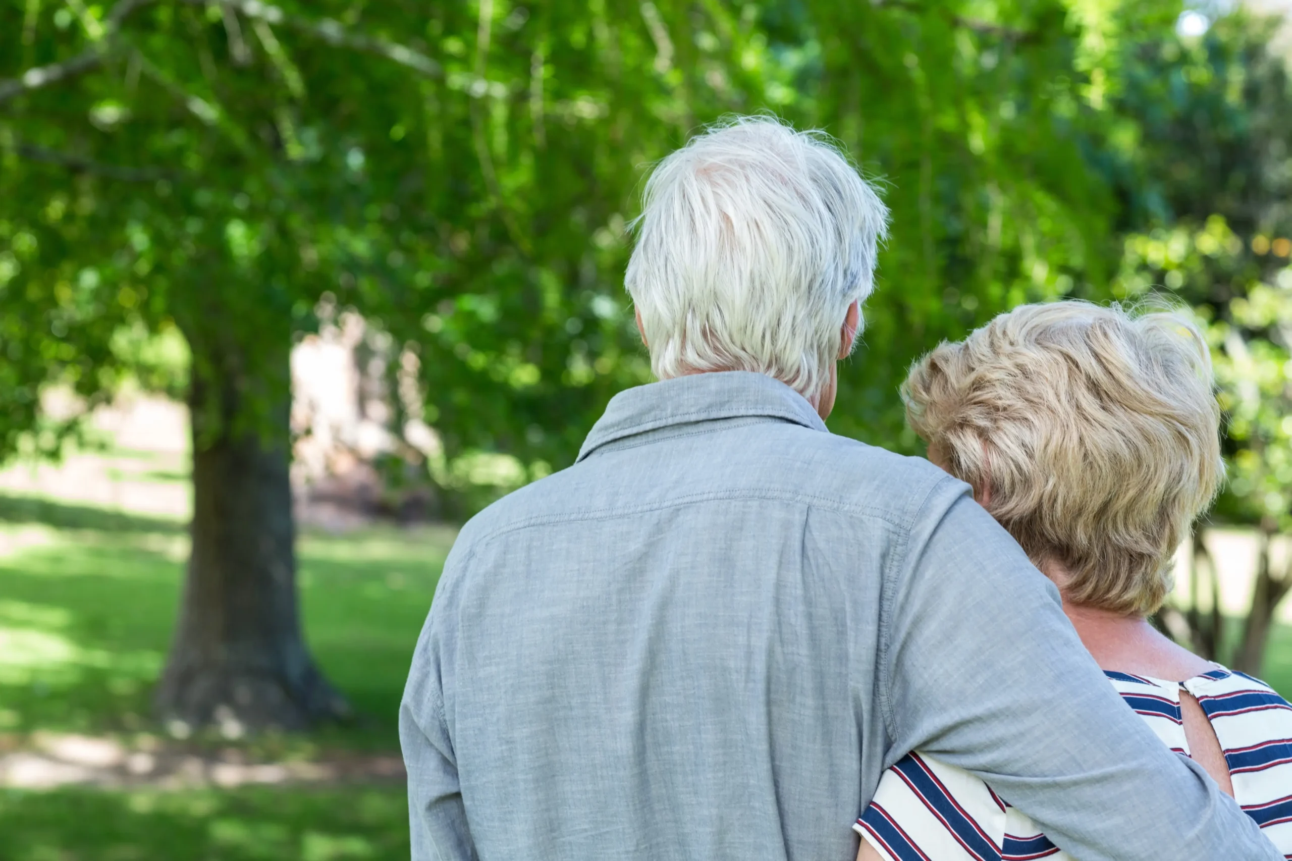 Two older adults seen from behind, embracing in a sunny park with green trees in the background