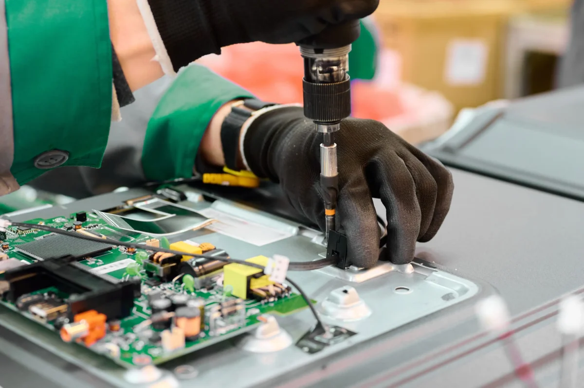 shutterstock_2672717927 1 | TVGURU.cz Technician in a green sleeve with black gloves uses a precision tool on an open circuit board inside a device.