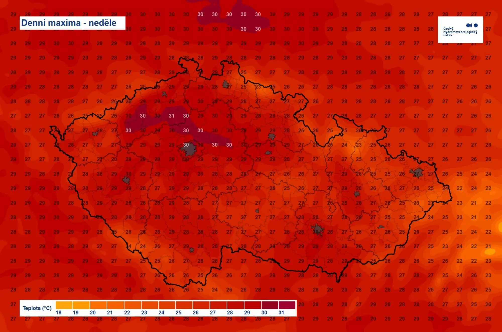 Dnešní maxima | TVGURU.cz Color-coded weather map of the Czech Republic showing Sunday daily maximum temperatures, with a 18–31°C scale.