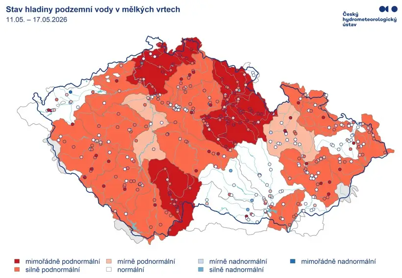 Stav podzemní vody v mělkých vrtech | TVGURU.cz Mapa stavu podzemních vod