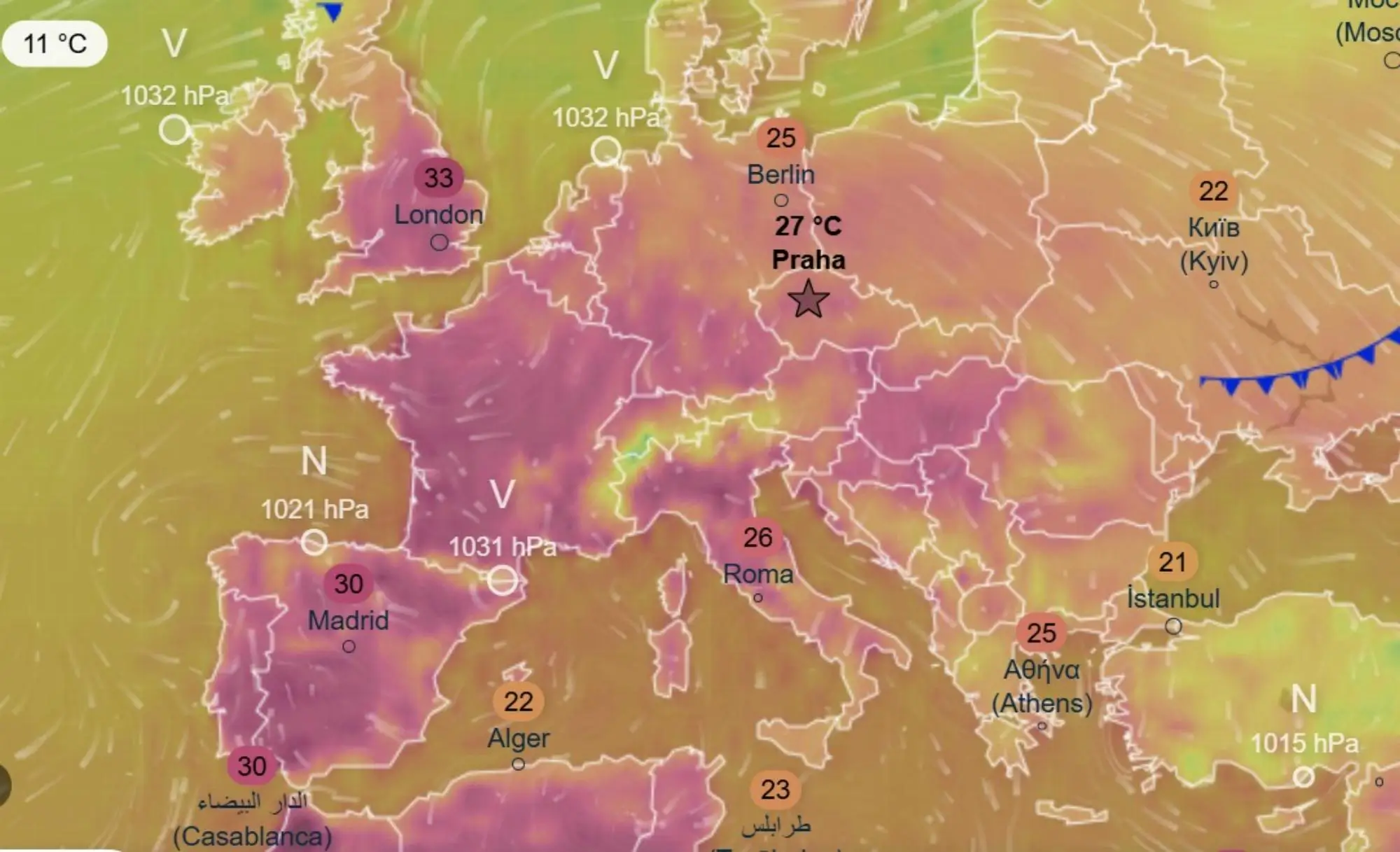 Vedro v Evropě | TVGURU.cz Vedro v Evropě - předpovědní mapa