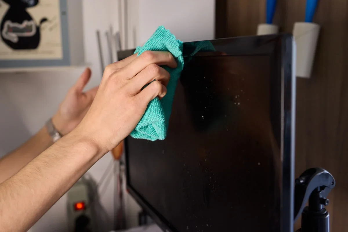 Člověk hadříkem otírá televizi.