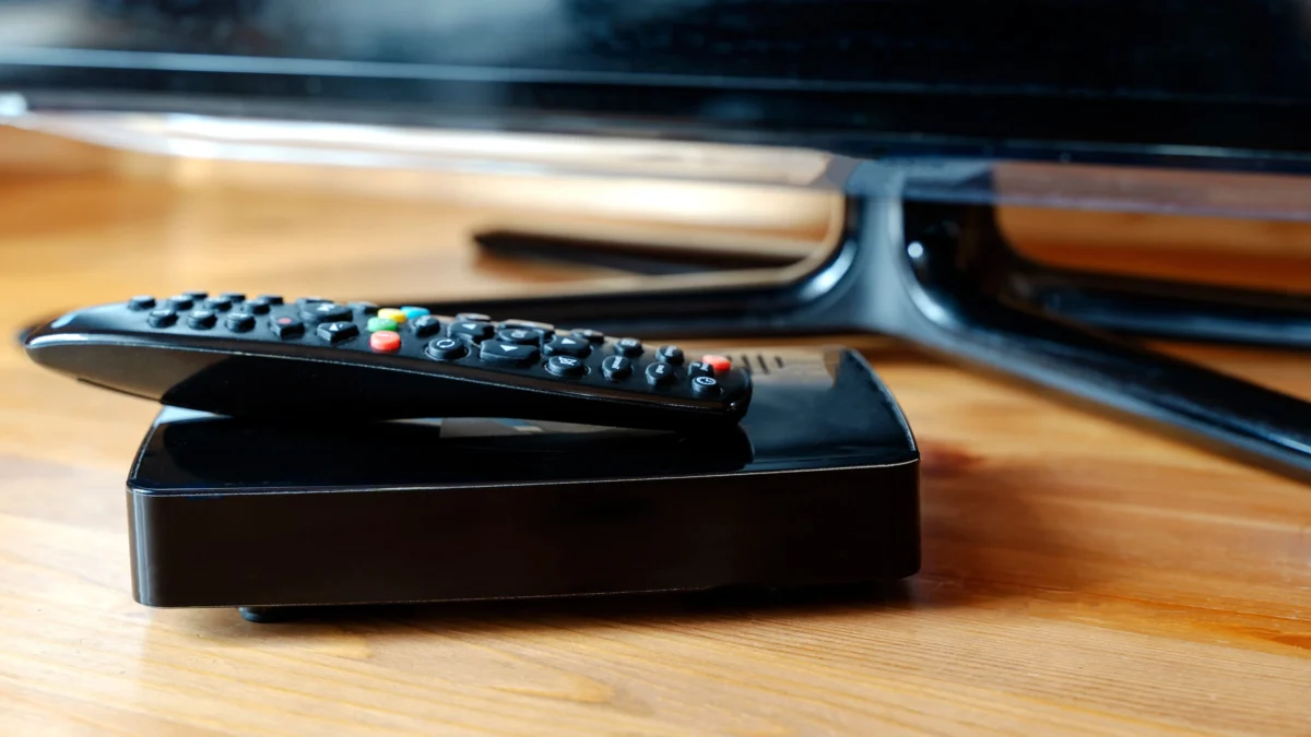 Black remote control resting on a glossy stand with a blurred TV in the background on a wooden table, cozy living room feel.