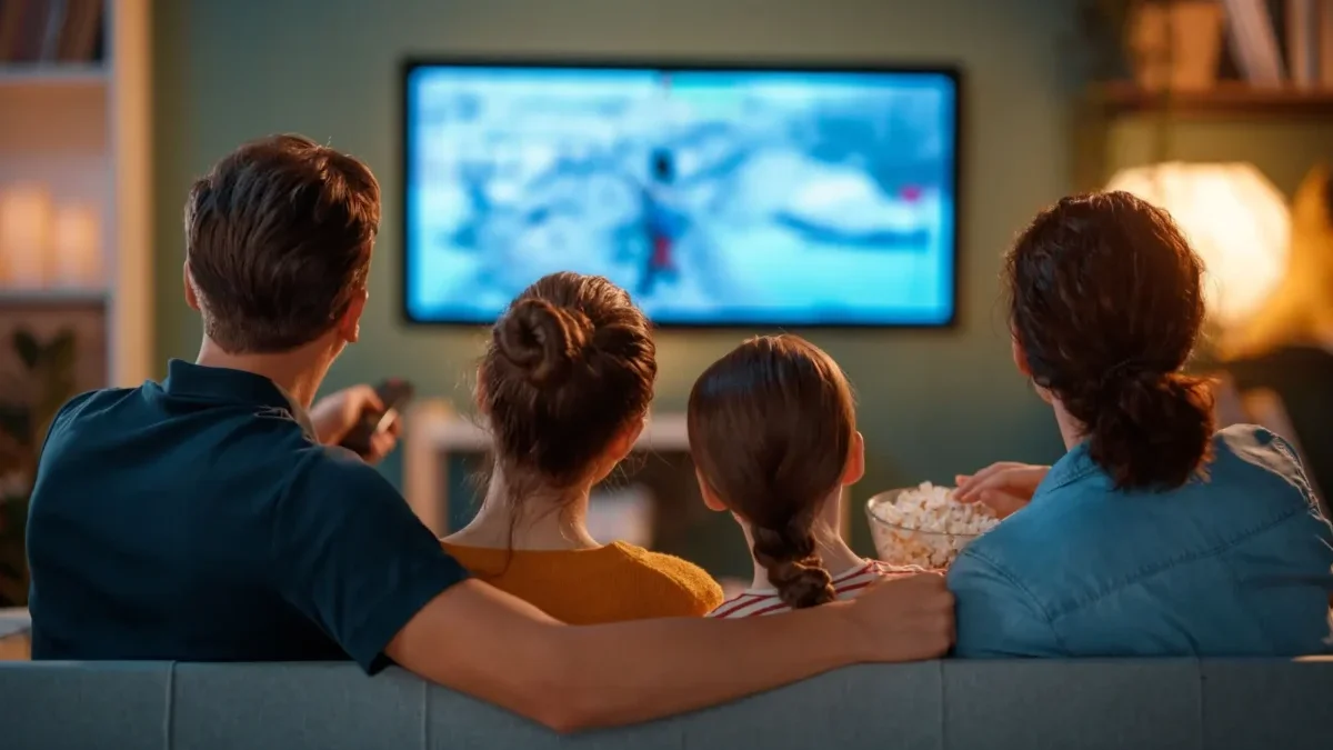 mlsající rodina u televize
