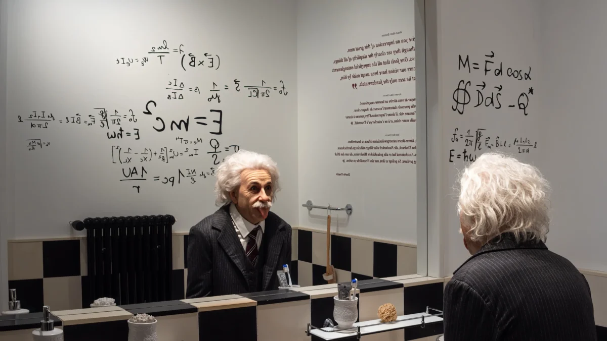 shutterstock_2579445177-2 | TVGURU.cz Vosková figurína Einsteina sedí u zrcadla.