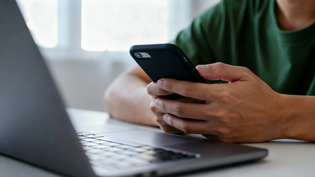 Person holding a smartphone while seated in front of a laptop, typing or checking the phone on a desk.