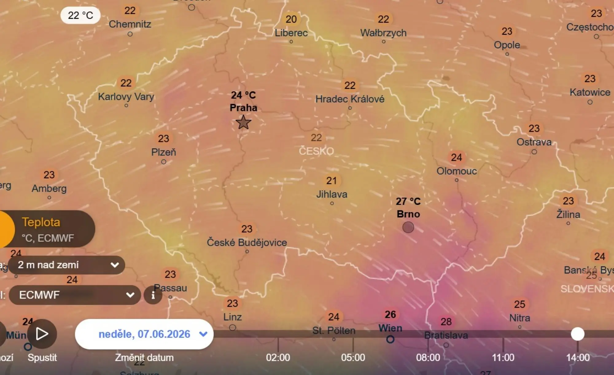 Mapa počasí ukazující oteplení