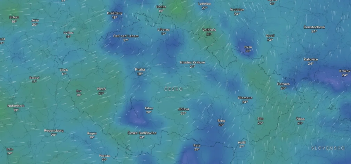 Mapa počasí na úterý