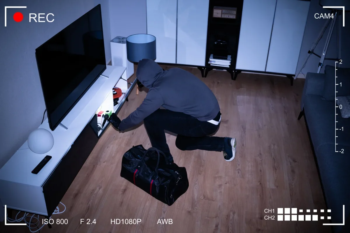 Person kneeling on a wooden floor, sorting and plugging in cables near a white entertainment unit in a living room.