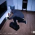 Person kneeling on a wooden floor, sorting and plugging in cables near a white entertainment unit in a living room.