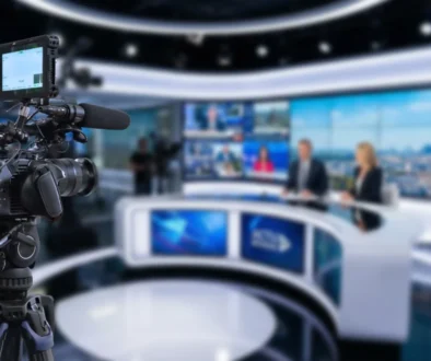 Professional video camera on a tripod in a TV news studio; anchors visible in the blurred background.
