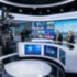 Professional video camera on a tripod in a TV news studio; anchors visible in the blurred background.